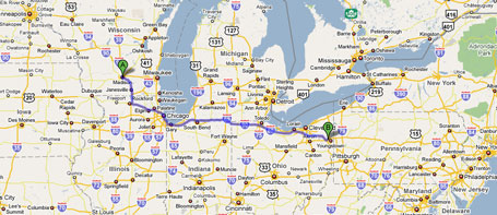 Map of route from Madison, WI, to Youngstown, OH