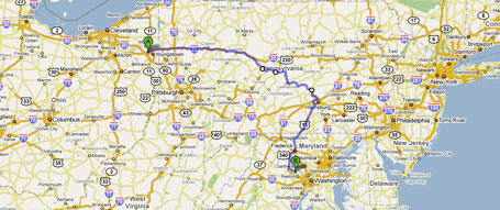 Map of route from Youngstown, OH, to Sterling, VA
