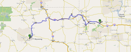 Map of route from Riverton, WY, to Wall, SD