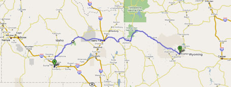 Map of route from Twin Falls, ID, to Riverton, WY
