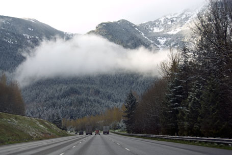 View of the road approaching Snoqualmie Pass